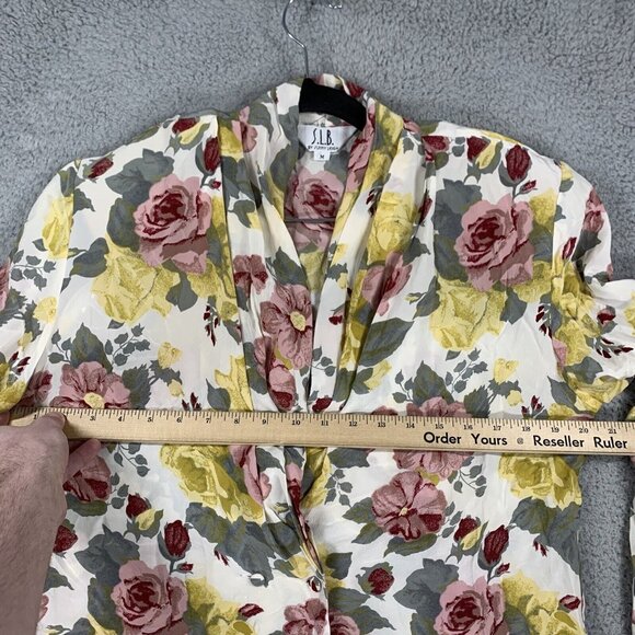 S. L. B. Womens M Colorful Floral Silk Button Long Sleeve Blouse Shoulder Pads - Picture 2 of 10